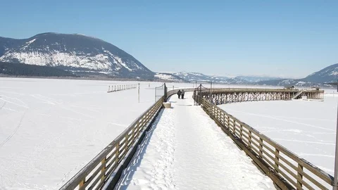 Couple walking on wharf in winter Stock Footage 87437836