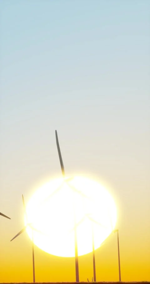Couple walking in wind farm with wind turbines at sunset, three-dimensional rend Stock Footage 276392415