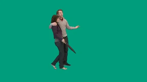 Couple walks into rain and opens umbrella - green screen - pre keyed - MINT.GS Stock-Footage 8569930