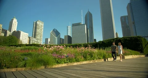 Couple Walks Through Chicago Park, Skyline Behind Stock Footage 98880341