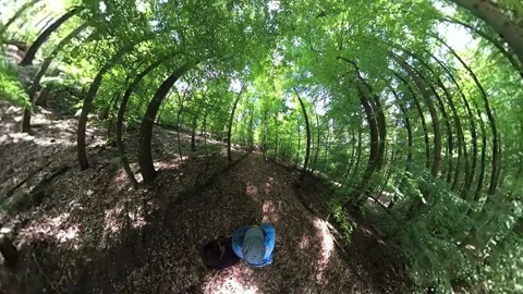 Couple wanders through fresh beech forest, VR360, Tiny planet effect Stock Footage 107911349