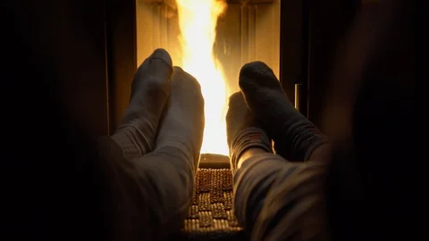 Couple Warming in front of the Fire, Close Up Stock Footage 122653347