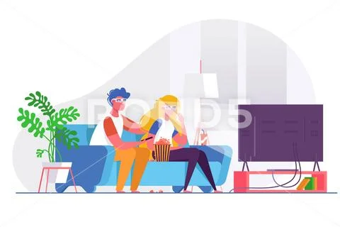 Couple watching 3d movie on big TV. Stock Illustration