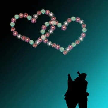 Couple watching heart firework Stock Illustration