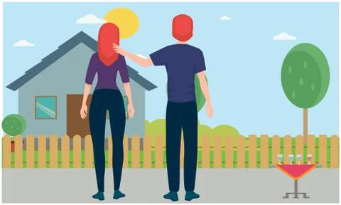 Couple is watching sunset while standing out from the house Stock Illustration
