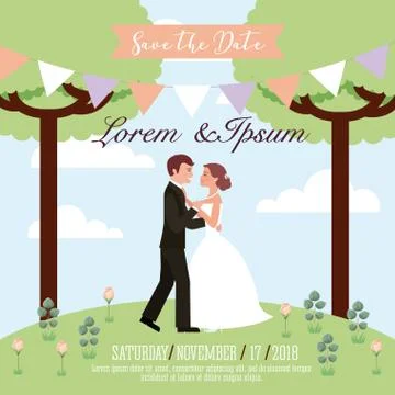 Couple wedding dancing in park save the date card Ilustración de archivo