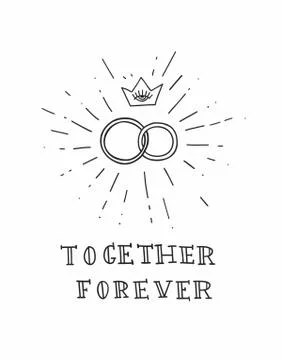 Couple of wedding rings with sun rays and crown. Old school tattoo style poster Ilustração Stock
