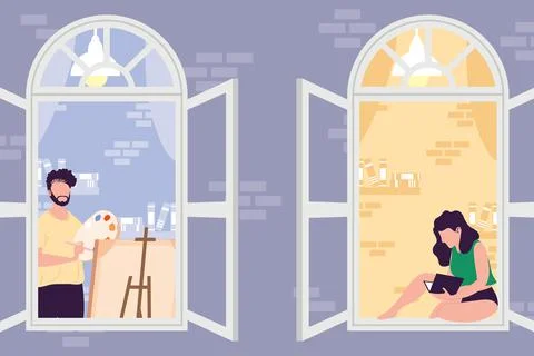 Couple in windows building Ilustración de archivo