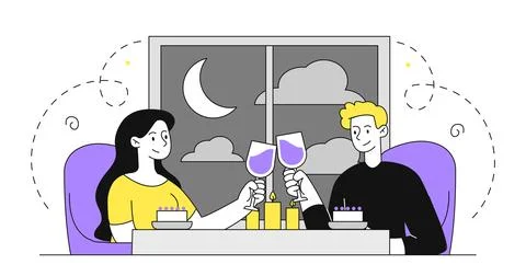 Couple with wine vector linear Ilustração Stock