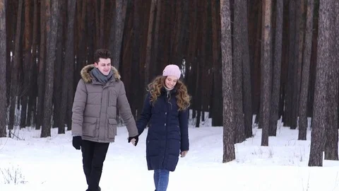 Couple Winter Snow Forest Walking Happy Smiling Man And Woman Holding Hands In Stock Footage 70988416