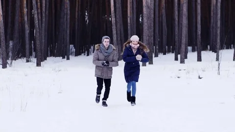 Couple Winter Snow Forest Walking Happy Smiling Man And Woman Holding Hands In Stock Footage 70989257