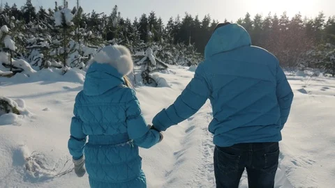 Couple Winter Snow Forest Walking Young Man And Woman Holding Hands Video stock 85517049