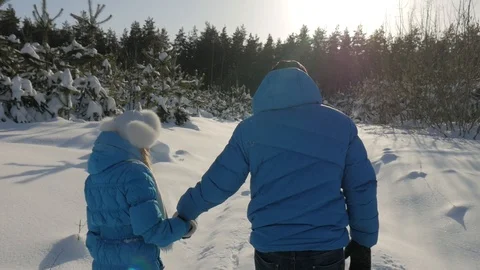 Couple Winter Snow Forest Walking Young Man And Woman Holding Hands Stock Footage 86570868