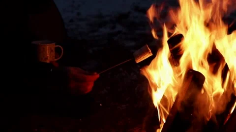 Couple in the woods on the fire roast marshmallows Stock Footage 145796445