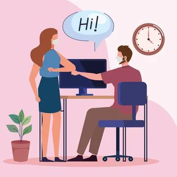 Couple workers using face mask back to work Illustrazione stock