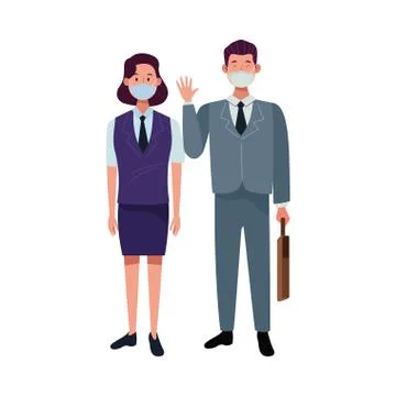 Couple workers using face masks for covid19 Illustrazione stock