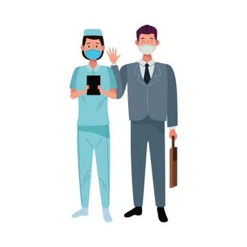 Couple workers using face masks for covid19 Illustrazione stock