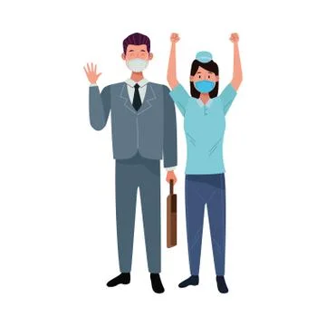 Couple workers using face masks for covid19 Illustrazione stock