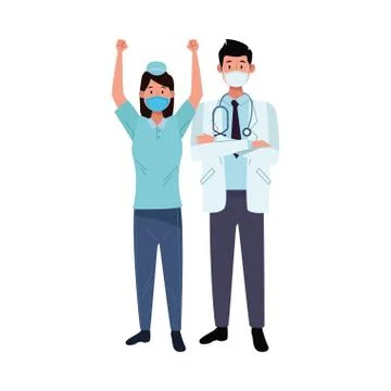 Couple workers using face masks for covid19 Illustrazione stock