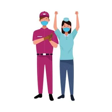 Couple workers using face masks for covid19 Illustrazione stock