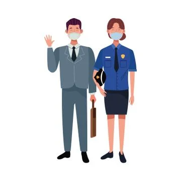 Couple workers using face masks for covid19 Illustrazione stock