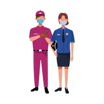 Couple workers using face masks for covid19 Illustrazione stock