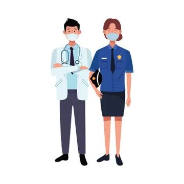 Couple workers using face masks for covid19 Illustrazione stock