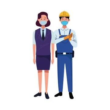 Couple workers using face masks for covid19 Illustrazione stock