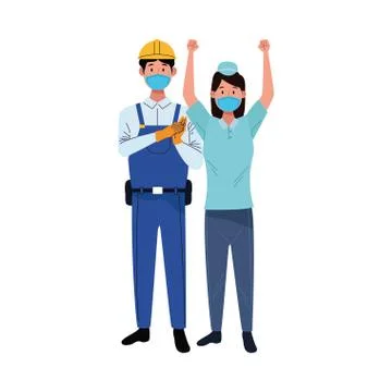 Couple workers using face masks for covid19 Illustrazione stock