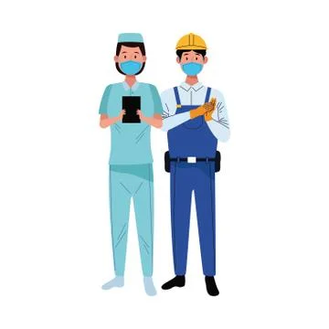 Couple workers using face masks for covid19 Illustrazione stock