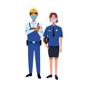 Couple workers using face masks for covid19 Illustrazione stock