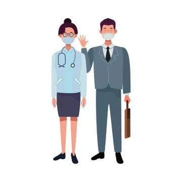 Couple workers using face masks for covid19 Illustrazione stock