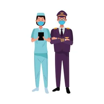 Couple workers using face masks for covid19 Illustrazione stock