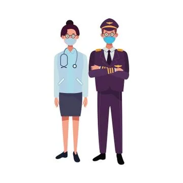 Couple workers using face masks for covid19 Illustrazione stock