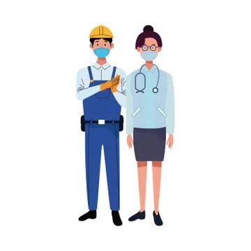 Couple workers using face masks for covid19 Illustrazione stock