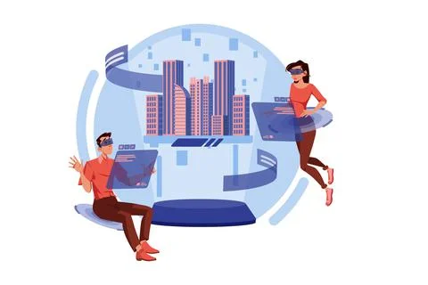 Couple working with 3D city model in the metaverse Ilustración de archivo