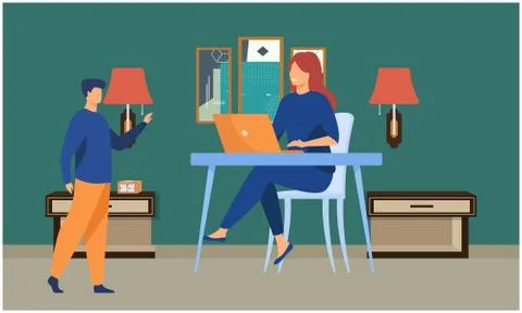 Couple is working at home on laptop Stock Illustration