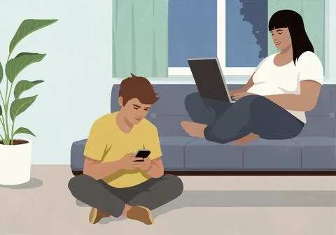 Couple working at laptop and using smart phone at living room sofa 库存插图