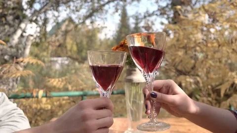 Couple of young people drinking wine on the terrace in front of the house in aut Stock Footage 80236224