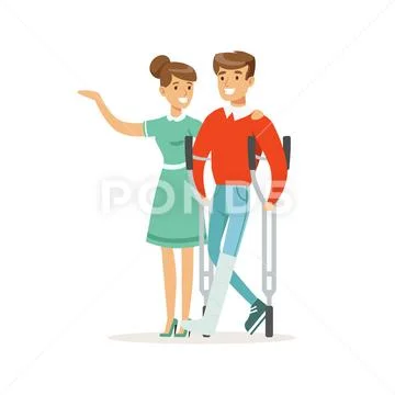 Couple of young people, man with broken leg, healthcare assistance and Stock Illustration