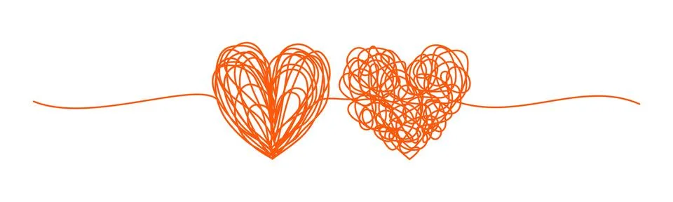 Coupled hearts tangled scribble banner hand drawn with thin line, Illustrazione stock