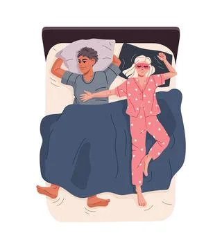 Coupled sleep in bed, humorous bedtime habits Ilustração Stock