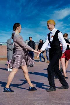 Couples dancing on Victory Day on St. Petersburg Square Stock Photos