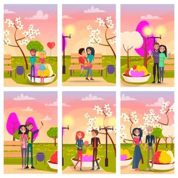 Couples on Dates in Park at Sunset Illustrations イラスト素材