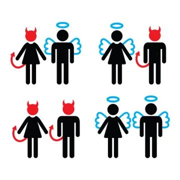 Couples devil and angel man and woman icons set Stock Illustration