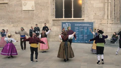 Couples doing traditional Spanish dancing in street, Valencia, Spain Video stock 297264257