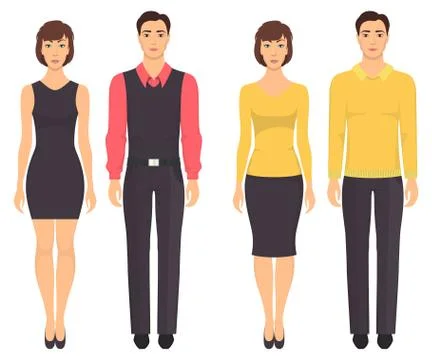 Couples in elegant clothes. Young men and women standing in full growth in ca Stock Illustration