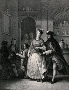 Couples entertain one another and refreshments are served by a boy. Engravi.. Stock Illustration