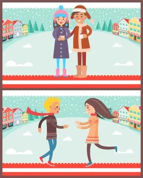 Couples Having Fun in Winter Vector Illustration Stock-Illustration