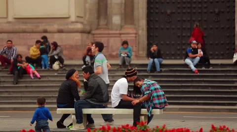 Couples making out on the Lima's main square and cathedral church. Stock Footage 63299734